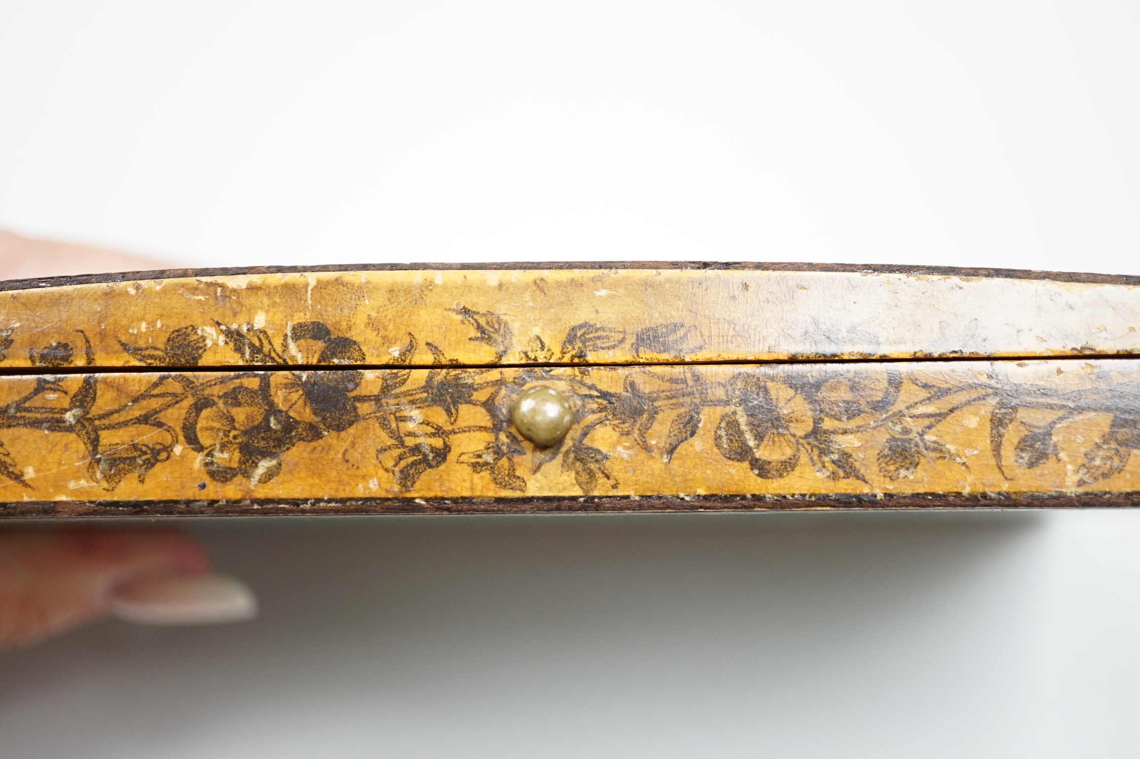 An early 19th century French transfer printed blonde wood box, inscribed ‘Sir Charles Vernon from his friend Duchess of Richmond’, possibly used for collecting lepidoptera, 11 x 17cm